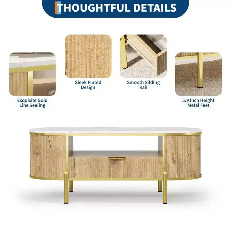 Table basse ovale avec rangement, table centrale de salon en bois cannelé de 122 cm