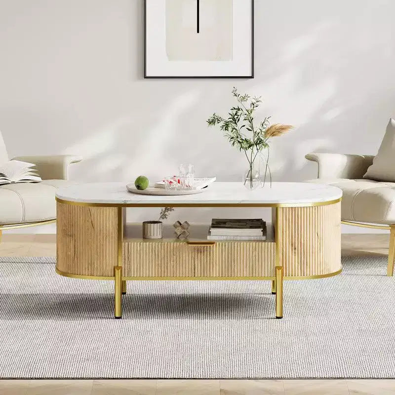 Table basse ovale avec rangement, table centrale de salon en bois cannelé de 122 cm