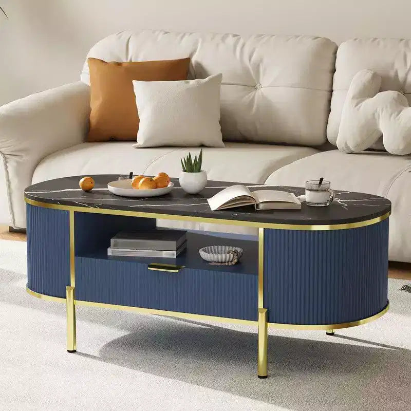 Table basse ovale avec rangement, table centrale de salon en bois cannelé de 122 cm