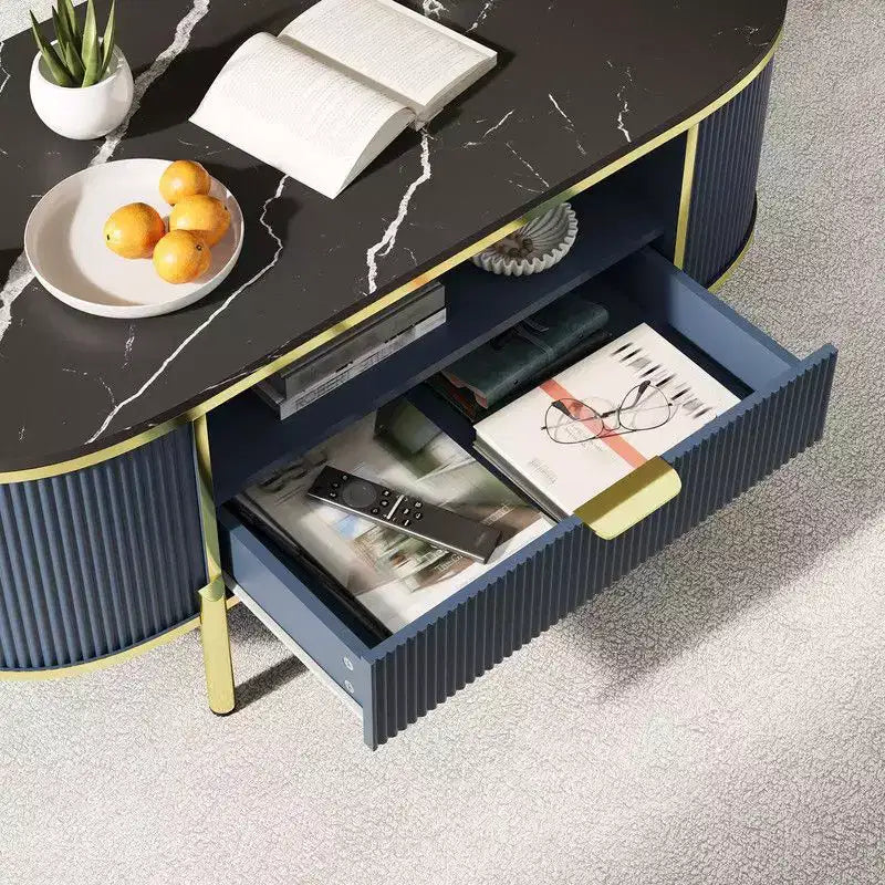 Table basse ovale avec rangement, table centrale de salon en bois cannelé de 122 cm