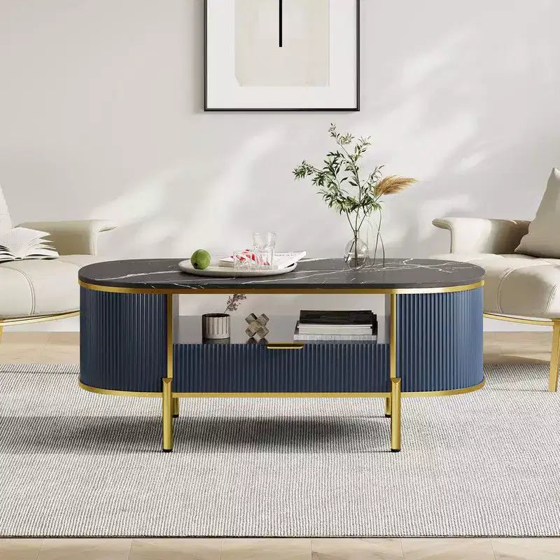Table basse ovale avec rangement, table centrale de salon en bois cannelé de 122 cm
