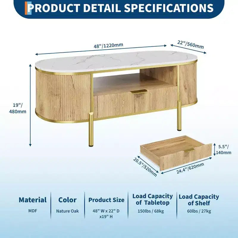Table basse ovale avec rangement, table centrale de salon en bois cannelé de 122 cm