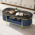 Modern Oval Coffee Table with Storage Organizer, 48 Wood Fluted Center Table for Living Room Office