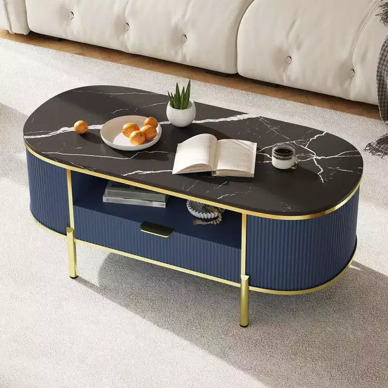Modern Oval Coffee Table with Storage Organizer, 48 Wood Fluted Center Table for Living Room Office