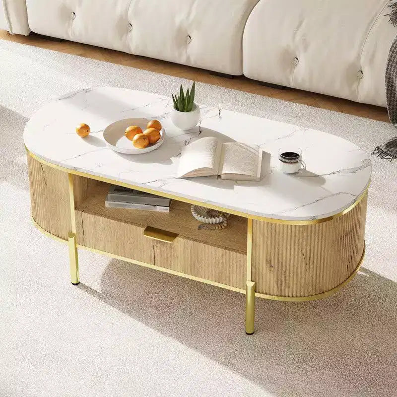 Table basse ovale avec rangement, table centrale de salon en bois cannelé de 122 cm