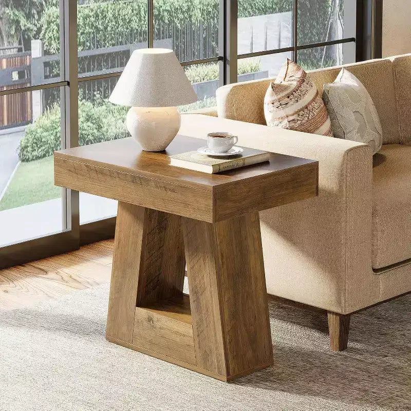 Table d'appoint en bois de 61 cm pour salon, bout de canapé à 2 niveaux avec base trapézoïdale, petite table de chevet de ferme pour chambre