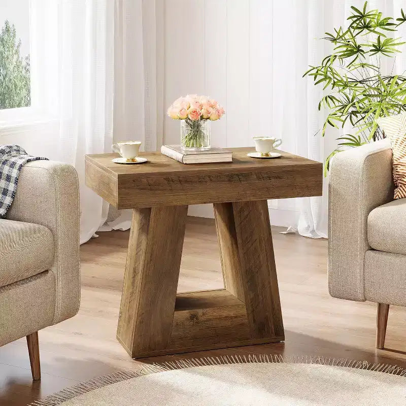 Table d'appoint en bois de 61 cm pour salon, bout de canapé à 2 niveaux avec base trapézoïdale, petite table de chevet de ferme pour chambre