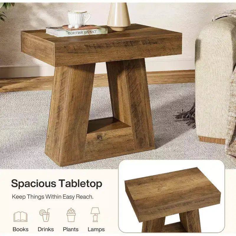 Table d'appoint en bois de 61 cm pour salon, bout de canapé à 2 niveaux avec base trapézoïdale, petite table de chevet de ferme pour chambre