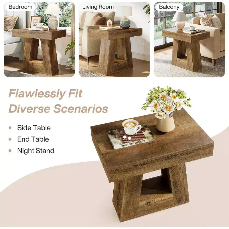 Table d'appoint en bois de 61 cm pour salon, bout de canapé à 2 niveaux avec base trapézoïdale, petite table de chevet de ferme pour chambre