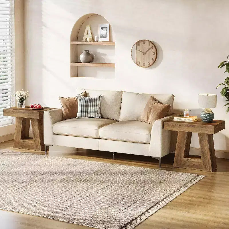 Table d'appoint en bois de 61 cm pour salon, bout de canapé à 2 niveaux avec base trapézoïdale, petite table de chevet de ferme pour chambre