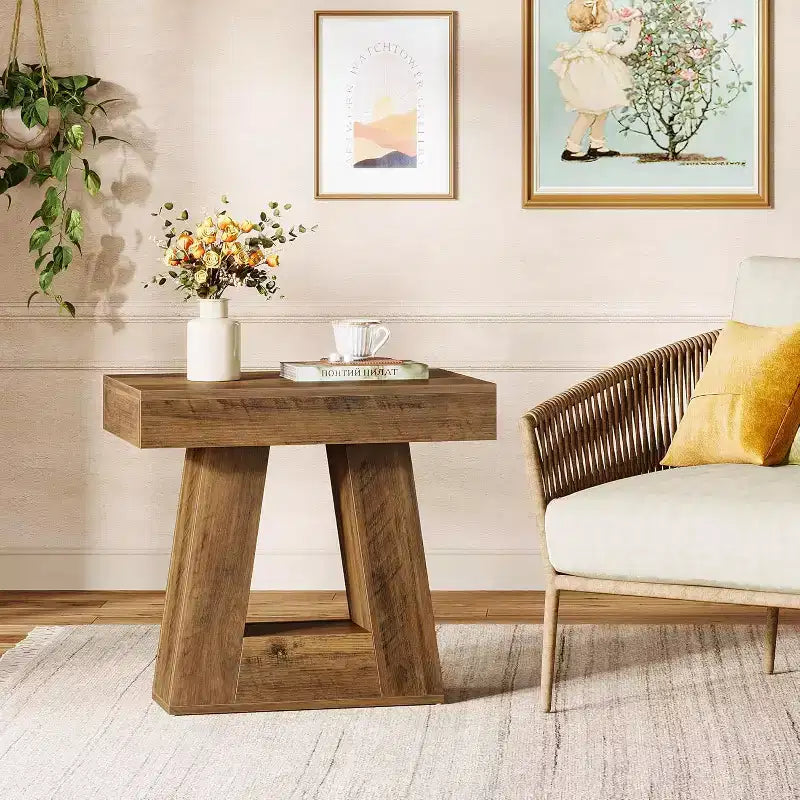 Table d'appoint en bois de 61 cm pour salon, bout de canapé à 2 niveaux avec base trapézoïdale, petite table de chevet de ferme pour chambre
