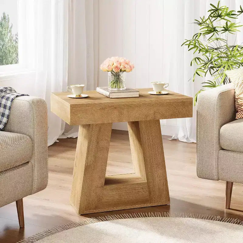 Table d'appoint en bois de 61 cm pour salon, bout de canapé à 2 niveaux avec base trapézoïdale, petite table de chevet de ferme pour chambre