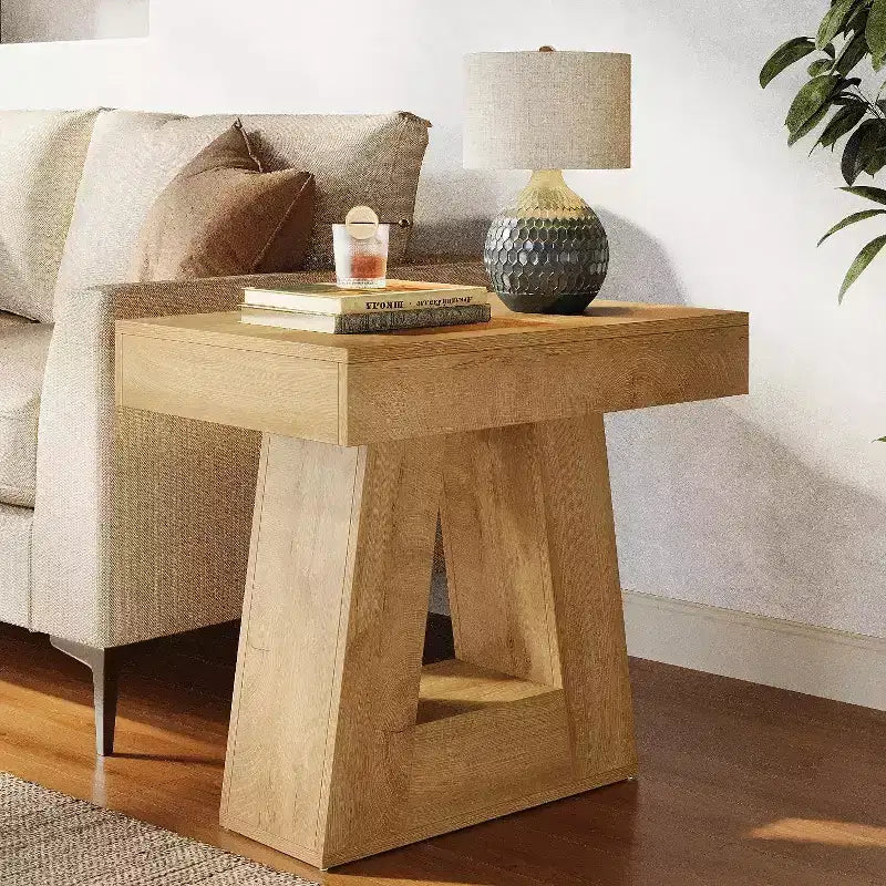Table d'appoint en bois de 61 cm pour salon, bout de canapé à 2 niveaux avec base trapézoïdale, petite table de chevet de ferme pour chambre