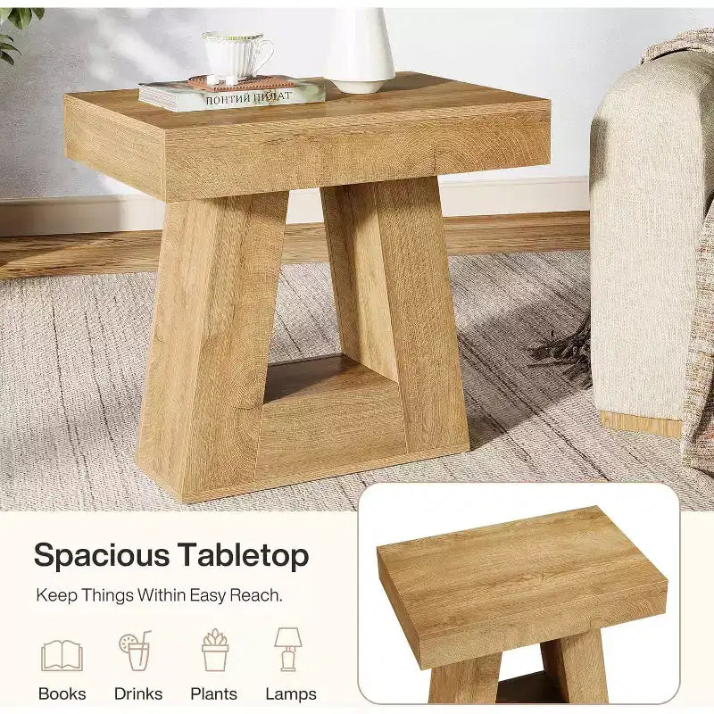 Table d'appoint en bois de 61 cm pour salon, bout de canapé à 2 niveaux avec base trapézoïdale, petite table de chevet de ferme pour chambre