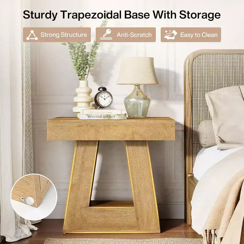 Table d'appoint en bois de 61 cm pour salon, bout de canapé à 2 niveaux avec base trapézoïdale, petite table de chevet de ferme pour chambre