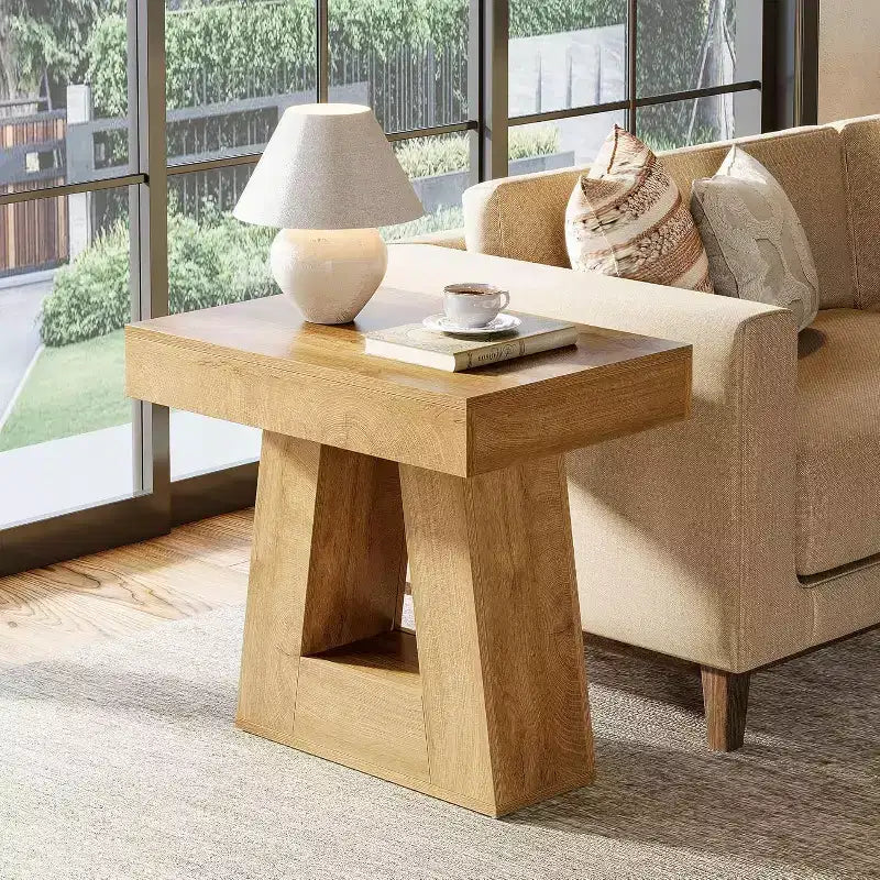 Table d'appoint en bois de 61 cm pour salon, bout de canapé à 2 niveaux avec base trapézoïdale, petite table de chevet de ferme pour chambre