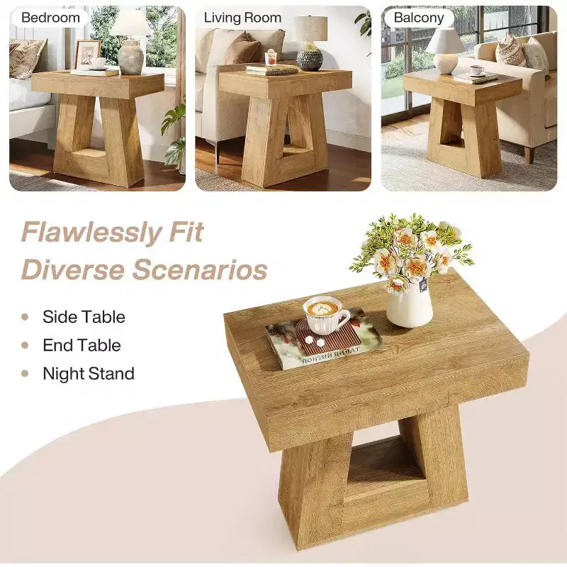 Table d'appoint en bois de 61 cm pour salon, bout de canapé à 2 niveaux avec base trapézoïdale, petite table de chevet de ferme pour chambre
