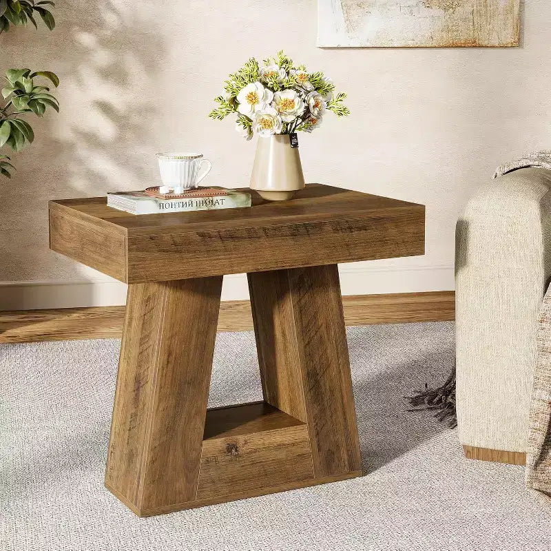 Table d'appoint en bois de 61 cm pour salon, bout de canapé à 2 niveaux avec base trapézoïdale, petite table de chevet de ferme pour chambre