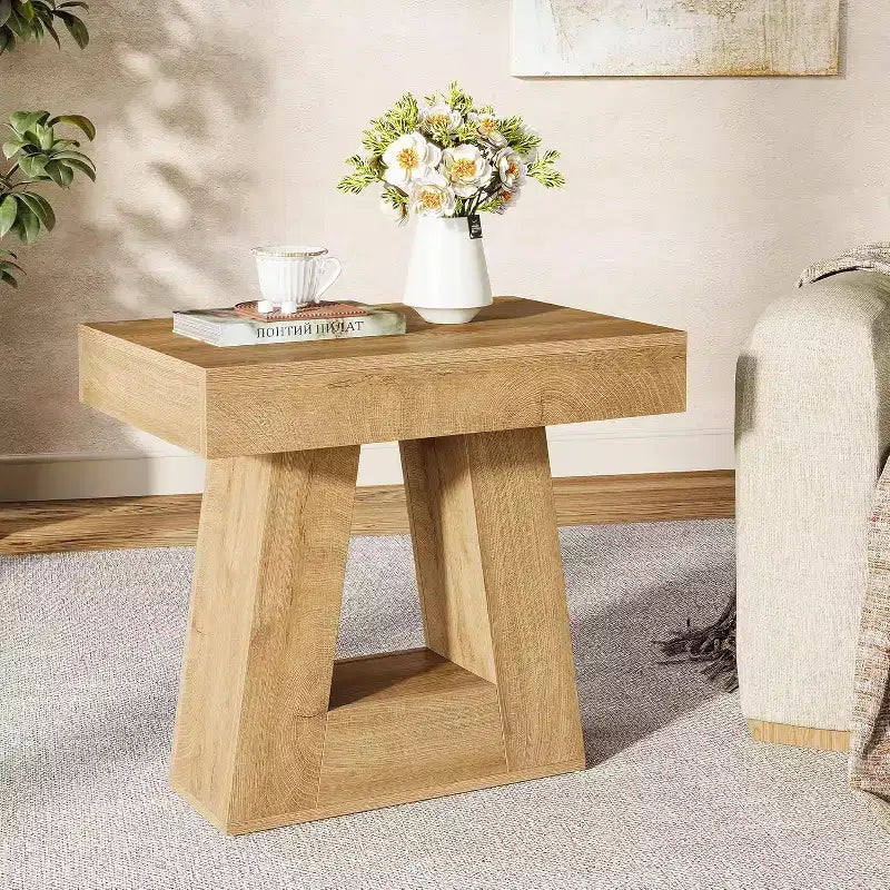 Lantine 24 Wooden Side Table for Living Room, 2-Tier End Table with Trapezoid Base, Small Farmhouse Nightstand for Bedroom