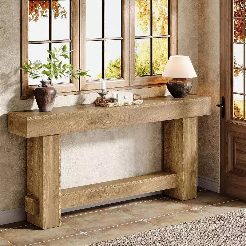Table console d'entrée de 180 cm, Table de canapé de style ferme en bois derrière le canapé, Meuble d'entrée à pieds épais pour couloir, salon