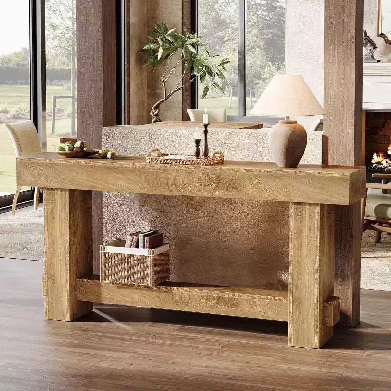 Table console d'entrée de 180 cm, Table de canapé de style ferme en bois derrière le canapé, Meuble d'entrée à pieds épais pour couloir, salon