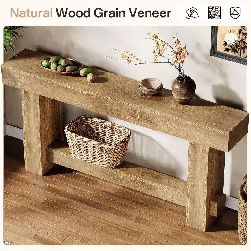 Table console d'entrée de 180 cm, Table de canapé de style ferme en bois derrière le canapé, Meuble d'entrée à pieds épais pour couloir, salon