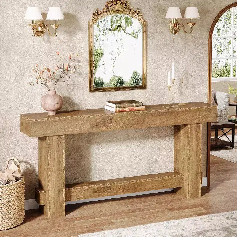 Table console d'entrée de 180 cm, Table de canapé de style ferme en bois derrière le canapé, Meuble d'entrée à pieds épais pour couloir, salon