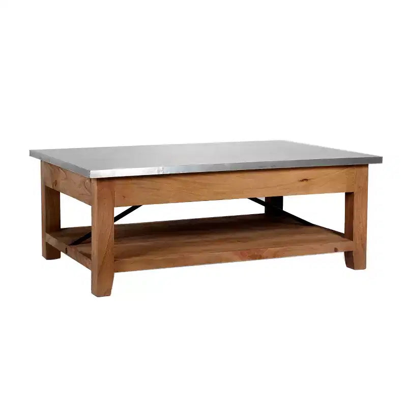 Millwork 48 in. Coffee Table with Lower Shelf, Modern Industrial Style with Silver Zinc Metal Tabletop and Wood Accents