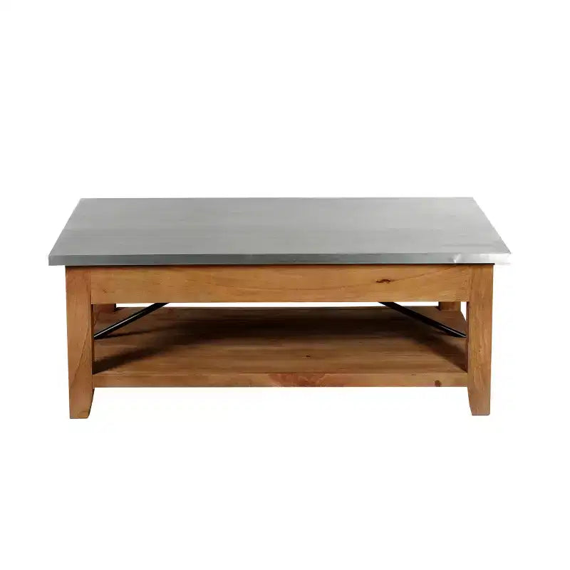 Table basse de 122 cm avec étagère inférieure, style industriel moderne avec plateau en métal zinc argenté et touches de bois