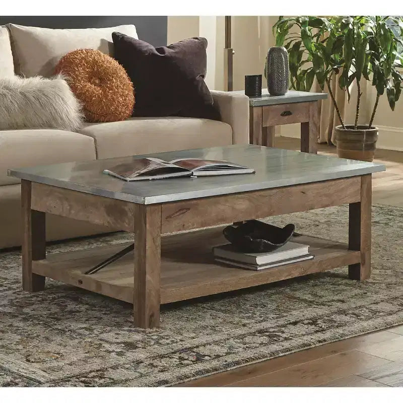 Table basse de 122 cm avec étagère inférieure, style industriel moderne avec plateau en métal zinc argenté et touches de bois