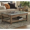 Table basse de 122 cm avec étagère inférieure, style industriel moderne avec plateau en métal zinc argenté et touches de bois