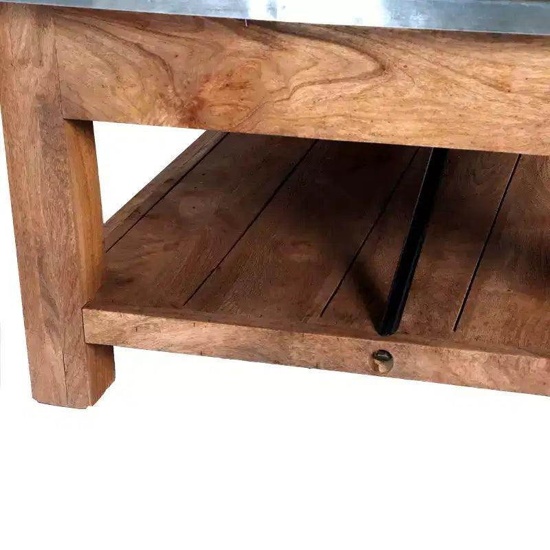 Table basse de 122 cm avec étagère inférieure, style industriel moderne avec plateau en métal zinc argenté et touches de bois