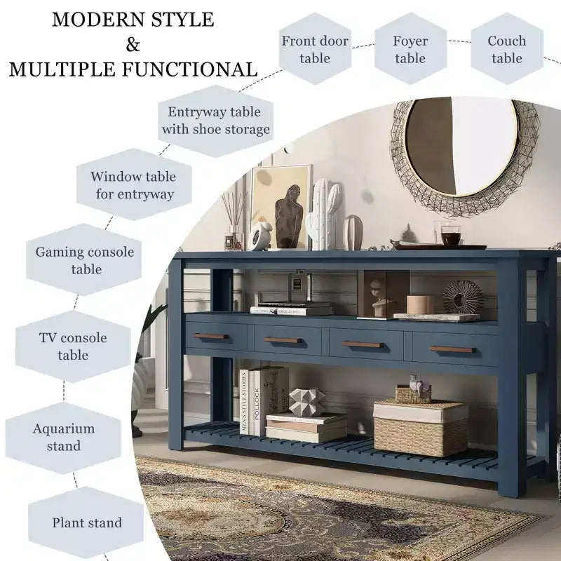 Console étroite de 158 cm avec 2 étagères, 4 tiroirs et poignées métalliques – Meuble d'appoint pour entrée et salon