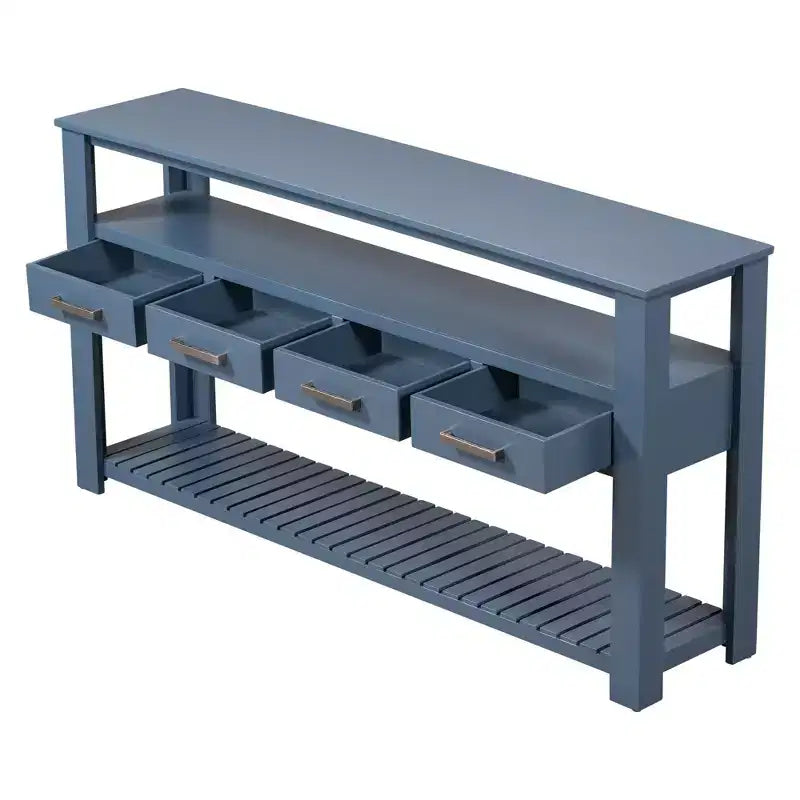 Console étroite de 158 cm avec 2 étagères, 4 tiroirs et poignées métalliques – Meuble d'appoint pour entrée et salon