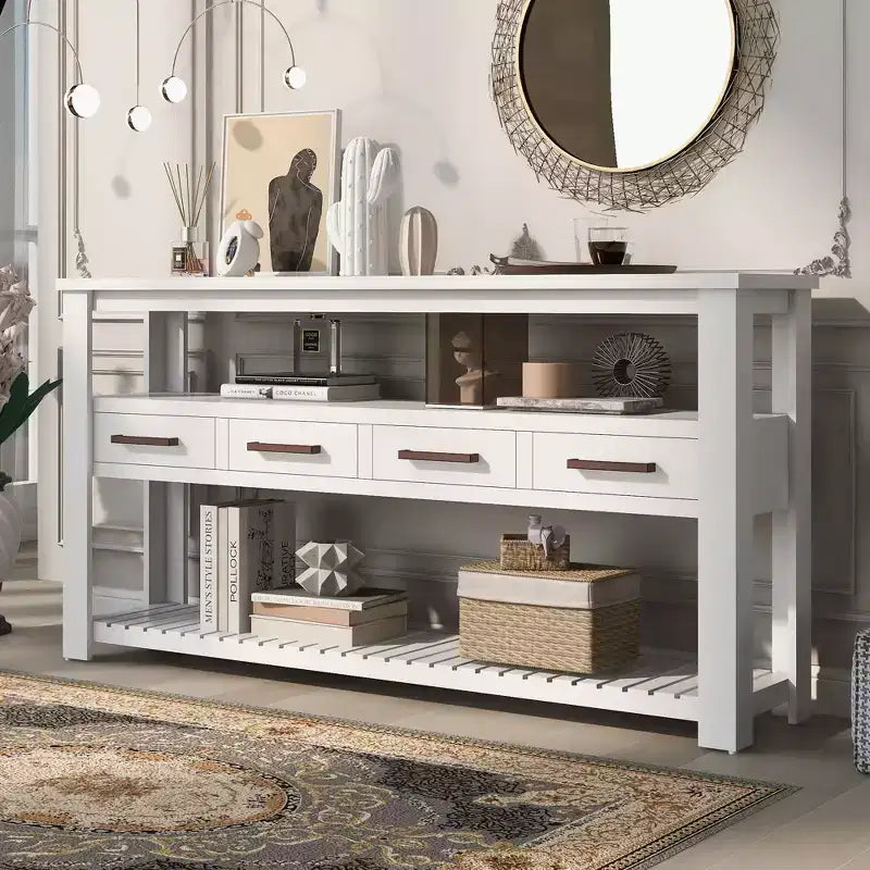Console étroite de 158 cm avec 2 étagères, 4 tiroirs et poignées métalliques – Meuble d'appoint pour entrée et salon