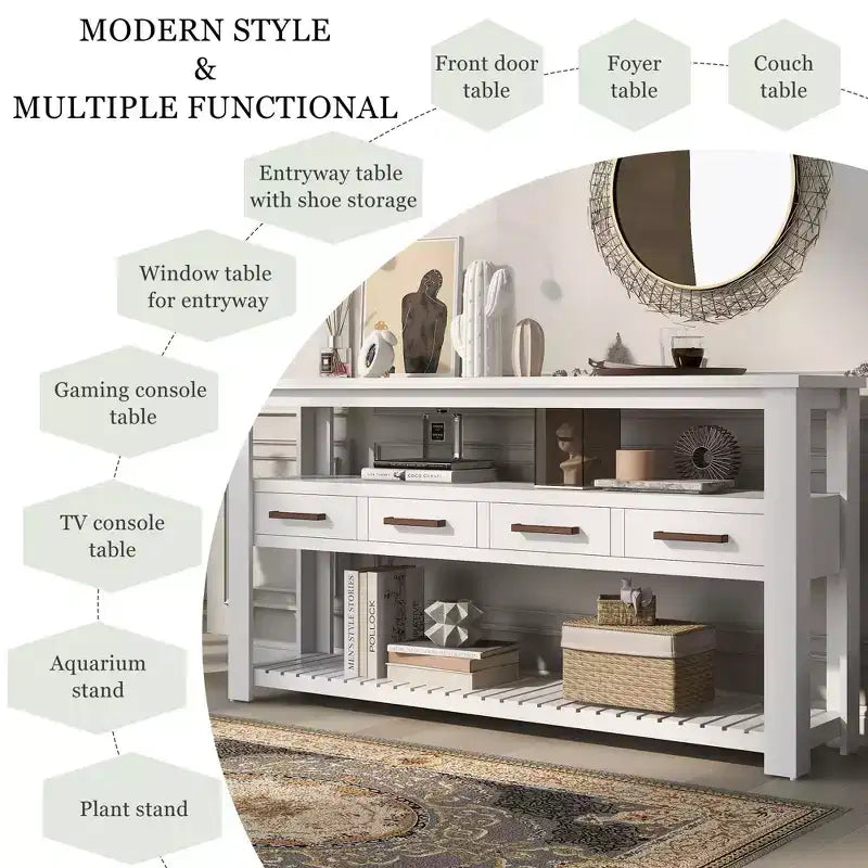 Console étroite de 158 cm avec 2 étagères, 4 tiroirs et poignées métalliques – Meuble d'appoint pour entrée et salon