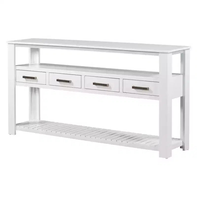 Console étroite de 158 cm avec 2 étagères, 4 tiroirs et poignées métalliques – Meuble d'appoint pour entrée et salon