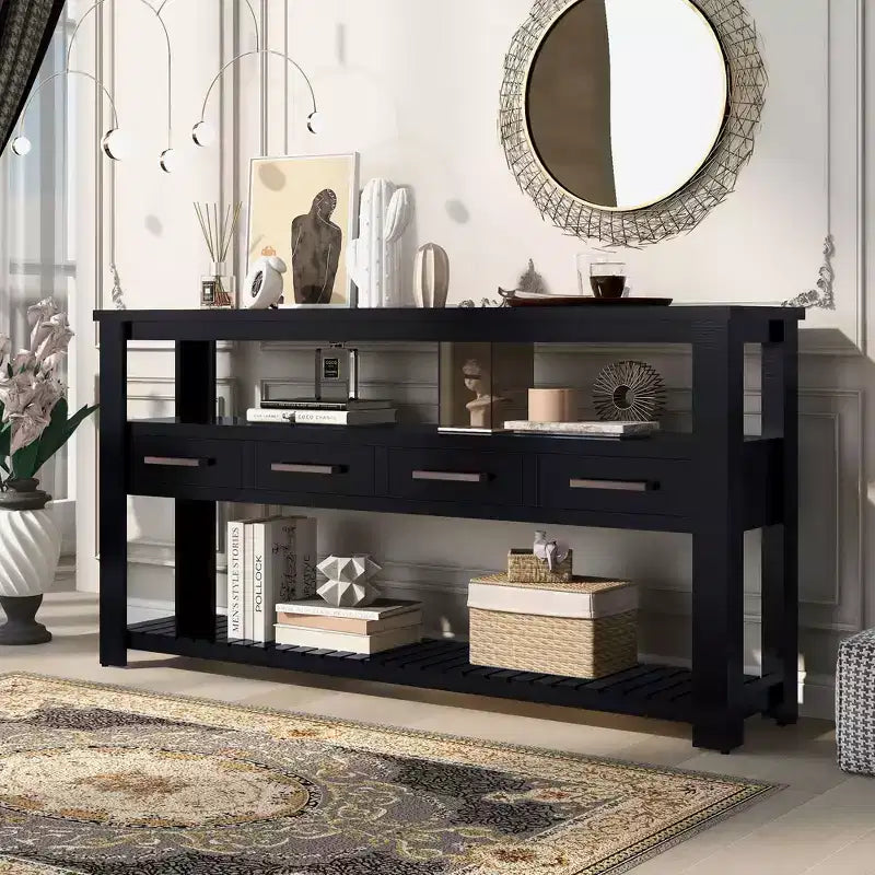 Console étroite de 158 cm avec 2 étagères, 4 tiroirs et poignées métalliques – Meuble d'appoint pour entrée et salon
