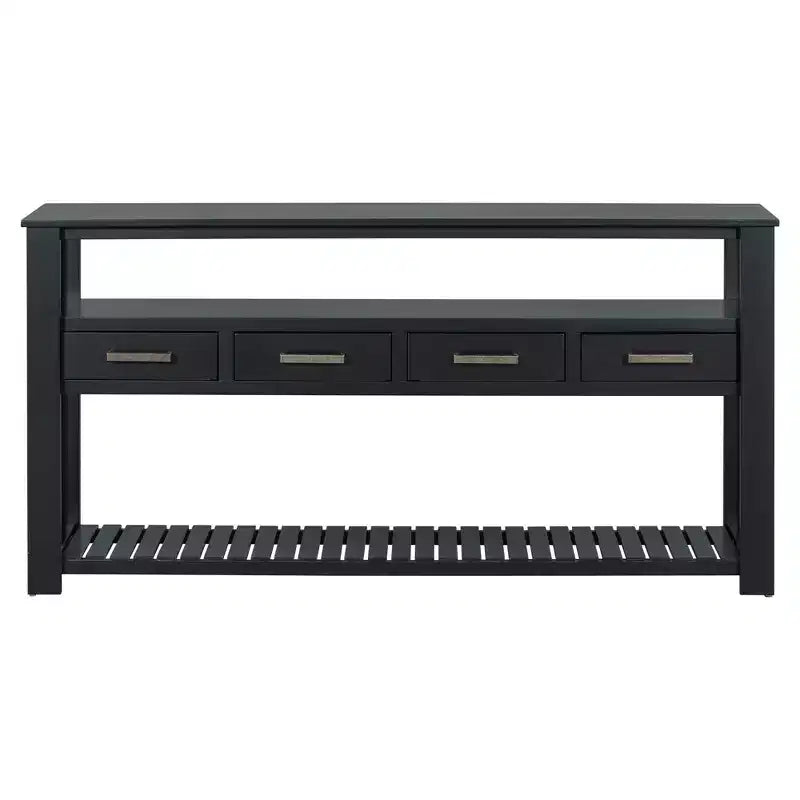 Console étroite de 158 cm avec 2 étagères, 4 tiroirs et poignées métalliques – Meuble d'appoint pour entrée et salon