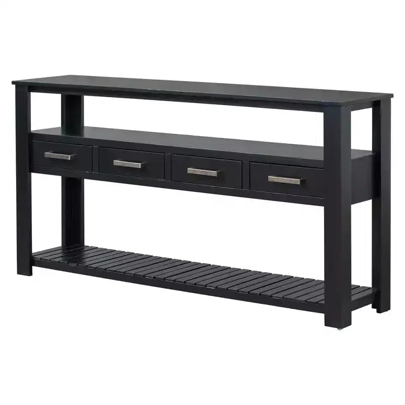 Console étroite de 158 cm avec 2 étagères, 4 tiroirs et poignées métalliques – Meuble d'appoint pour entrée et salon
