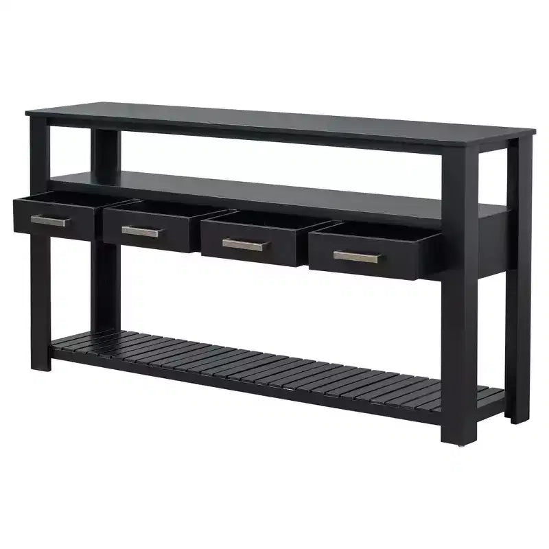 Console étroite de 158 cm avec 2 étagères, 4 tiroirs et poignées métalliques – Meuble d'appoint pour entrée et salon