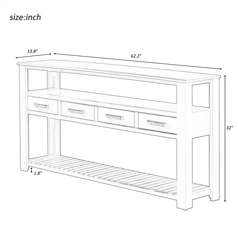 Console étroite de 158 cm avec 2 étagères, 4 tiroirs et poignées métalliques – Meuble d'appoint pour entrée et salon