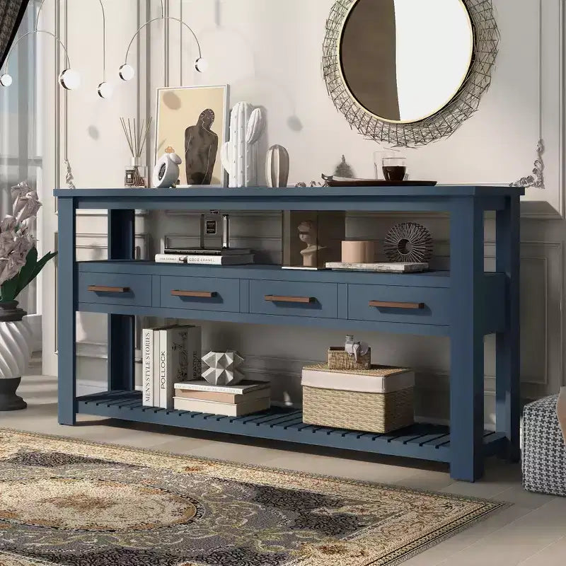 Console étroite de 158 cm avec 2 étagères, 4 tiroirs et poignées métalliques – Meuble d'appoint pour entrée et salon