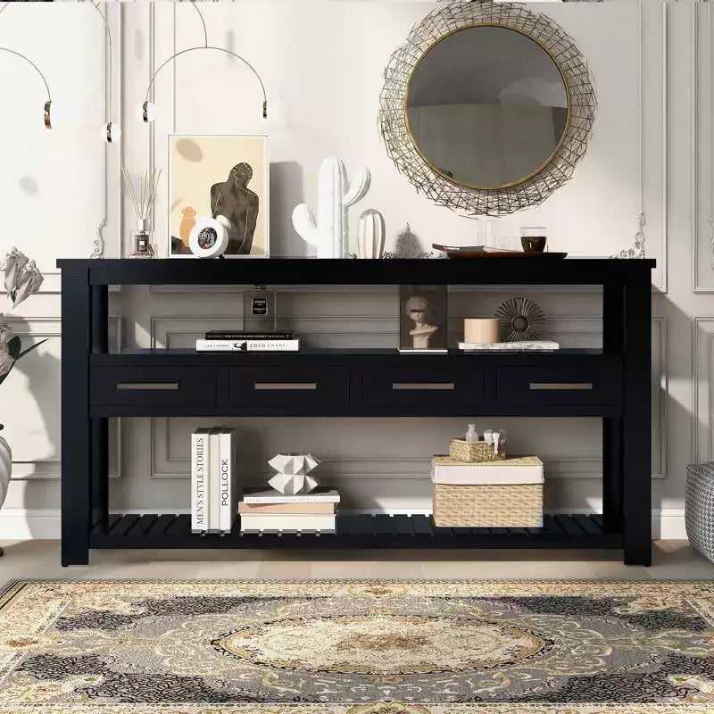 Okak 62.2IN Narrow Console Table with 2 Shelves, Entryway Table with 4 Drawers and Metal Handles, Accent Table for Entryway, Living Room