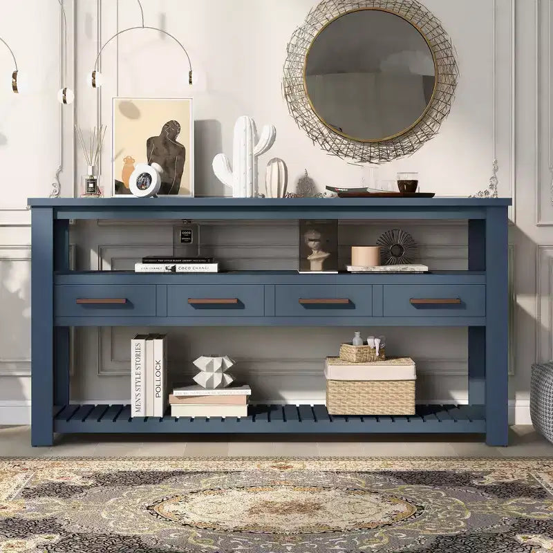 Console étroite de 158 cm avec 2 étagères, 4 tiroirs et poignées métalliques – Meuble d'appoint pour entrée et salon