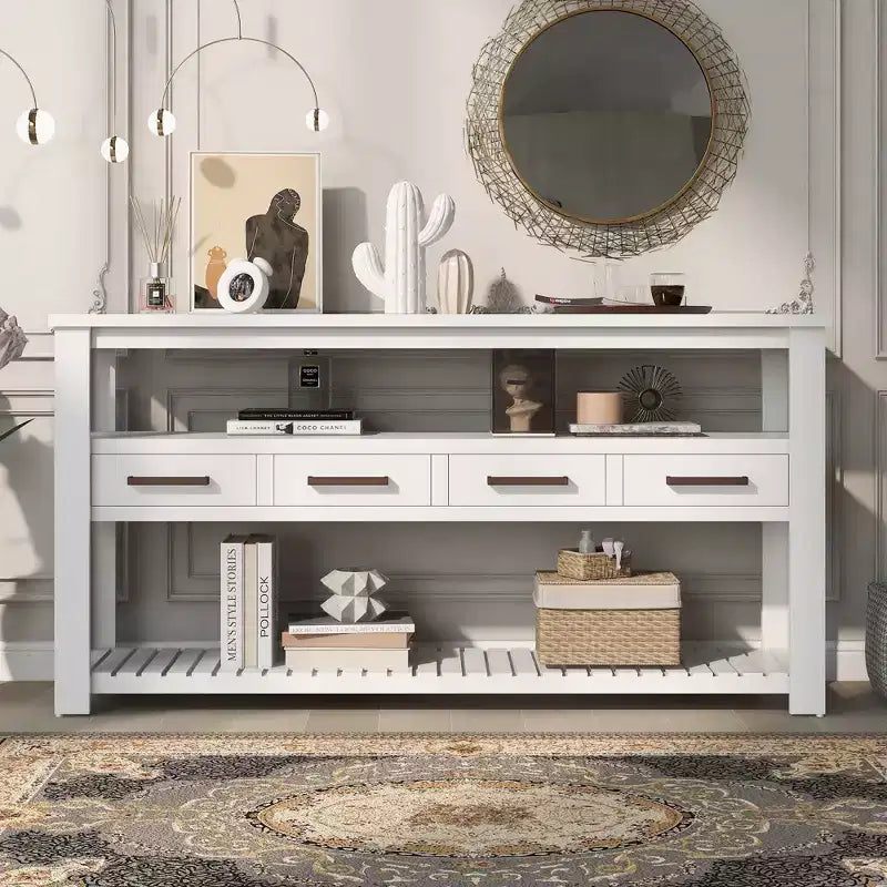 Console étroite de 158 cm avec 2 étagères, 4 tiroirs et poignées métalliques – Meuble d'appoint pour entrée et salon