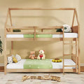 Zevemomo Twin over Twin House Floor Bunk Bed for Kids with Ladder, Full-Length Bed Rail, Slats, for Dormitory and Bedroom, White Oak