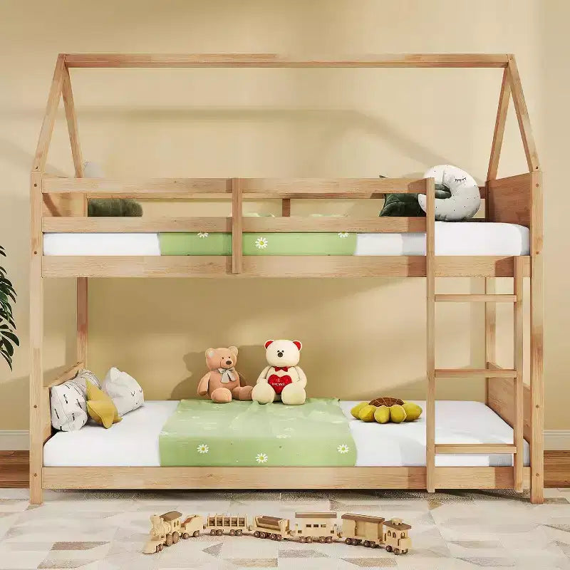 Zevemomo Twin over Twin House Floor Bunk Bed for Kids with Ladder, Full-Length Bed Rail, Slats, for Dormitory and Bedroom, White Oak