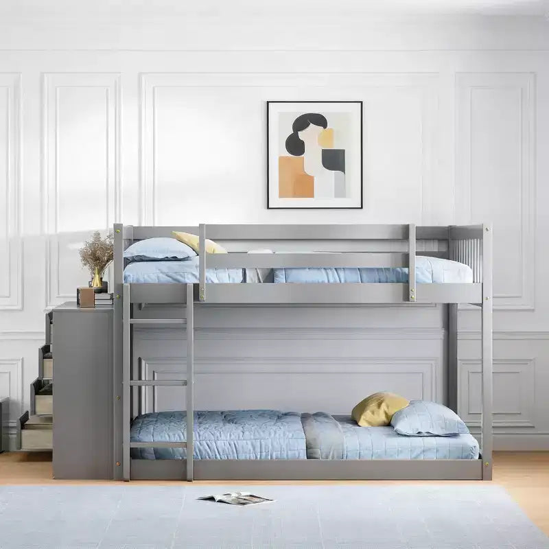 Lit superposé moderne double sur double avec 4 tiroirs et 3 étagères