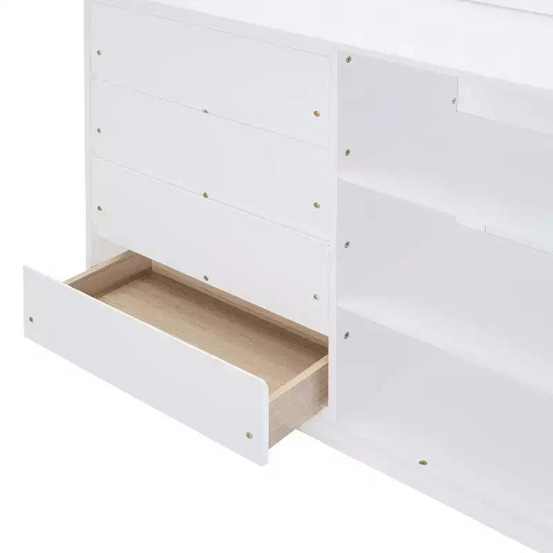 Lit superposé moderne double sur double avec 4 tiroirs et 3 étagères